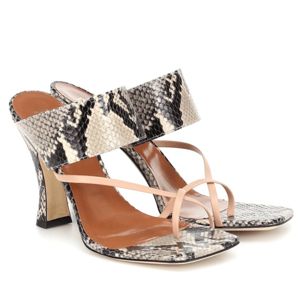 Paris Texas Python Snake-Embossed Leather Criss Cross Toe Ring High Heel Sandals
